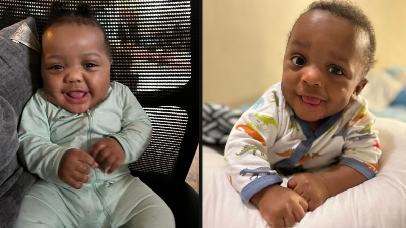 Baby born and girl smiling at the camera
