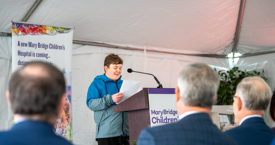 Mary Bridge patient, Jack, speaking at groundbreaking event