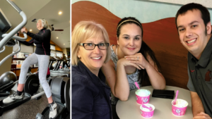 Stephanie on an elliptical, and Stephanie with her two children